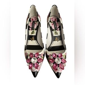 Dolce & Gabbana Rose Print Striped Crystal Embellished Leather Pumps